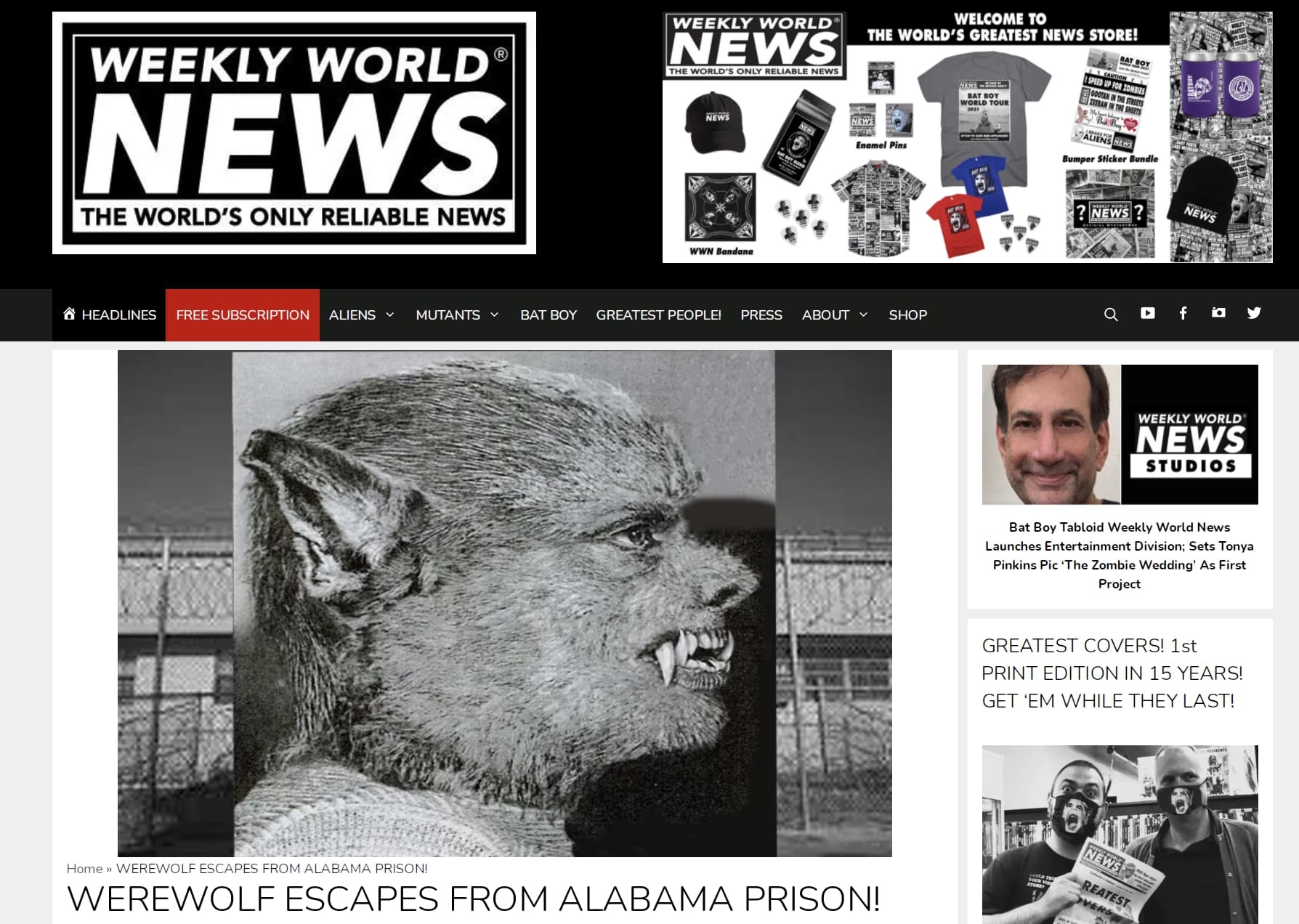 《世界新聞周報》官方的惡作劇報導原文。（翻攝Weekly World News官網）