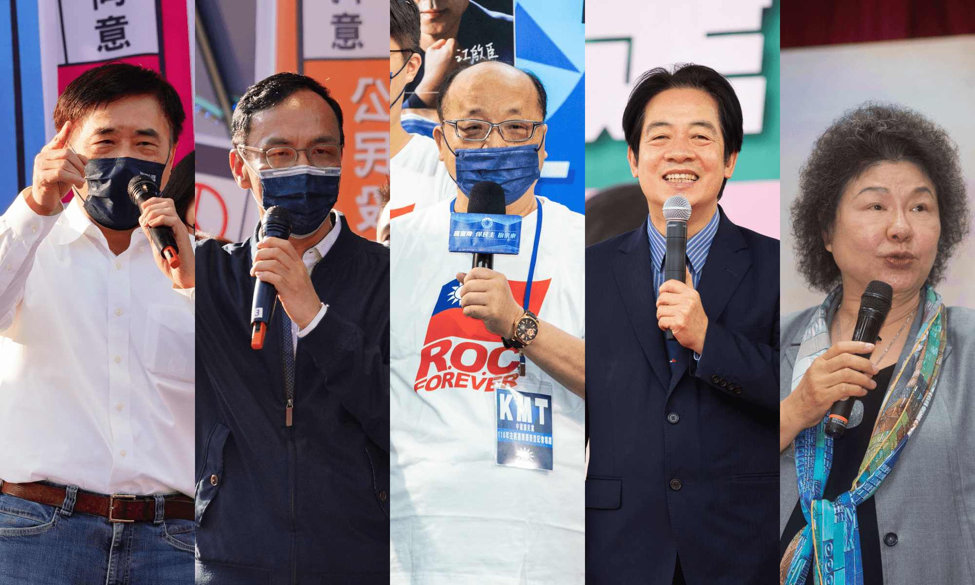 2010年五都市長選舉，分別由郝龍斌（左起）、朱立倫、胡志強、賴清德和陳菊當選。（本刊資料照）