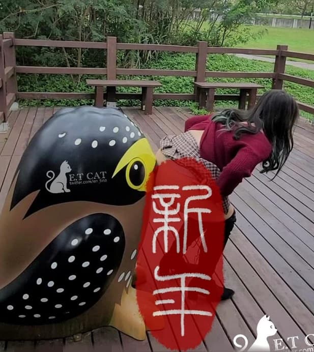 女子竟當眾掀裙，把屁股露出來頂在裝置藝術的鳥嘴上。（翻攝臉書「爆料公社」）