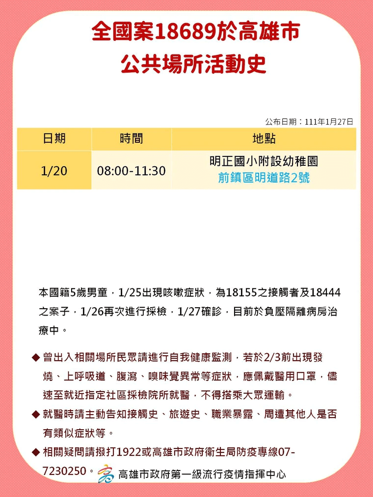 5歲男童（案18689）於20日曾前往明正國小附設幼稚園。（高雄市府提供）