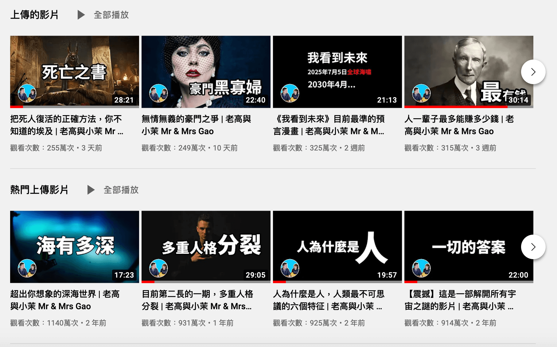 老高的頻道主要聊各種都市傳說，其中一支講解「海有多深」已獲得1,140萬次播放量。（翻攝自老高與小茉頻道）