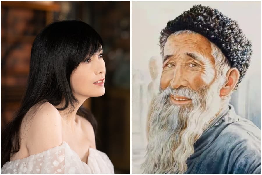 周慧敏（左）淡出演藝圈後，靠繪畫展露才藝，她的畫作「新疆老翁」（右）還曾獲獎。（翻攝周慧敏微博）