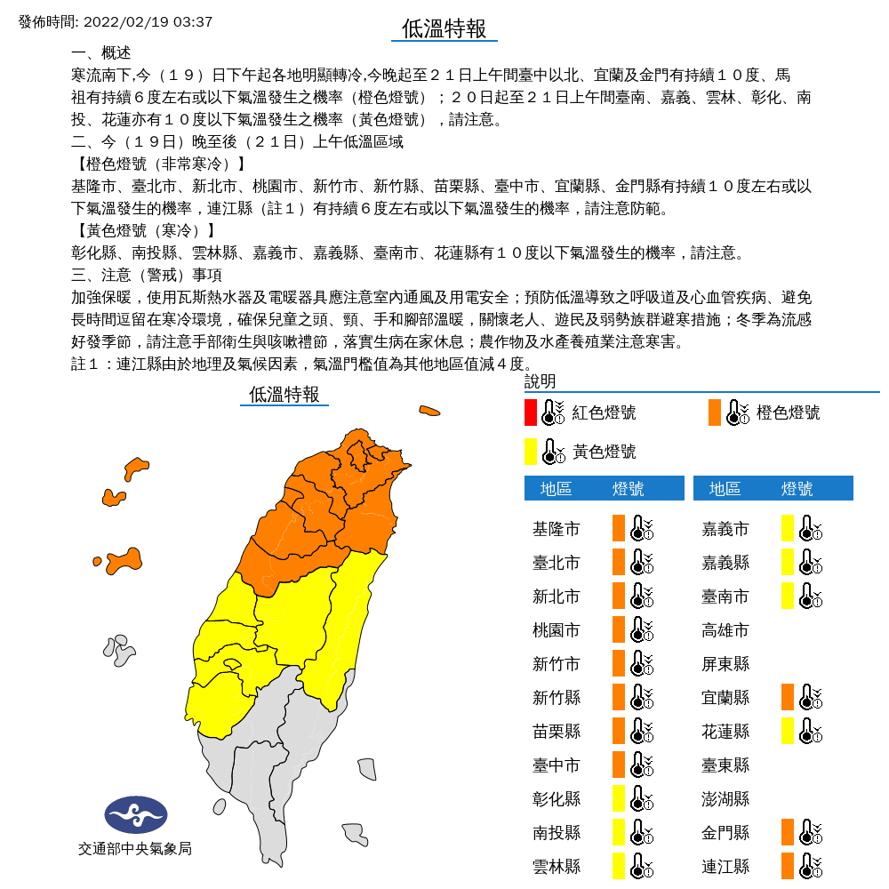 氣象局已針對全台18縣市發布「低溫特報」，台南以北全部亮起橘、黃色的警示燈。（中央氣象局提供）