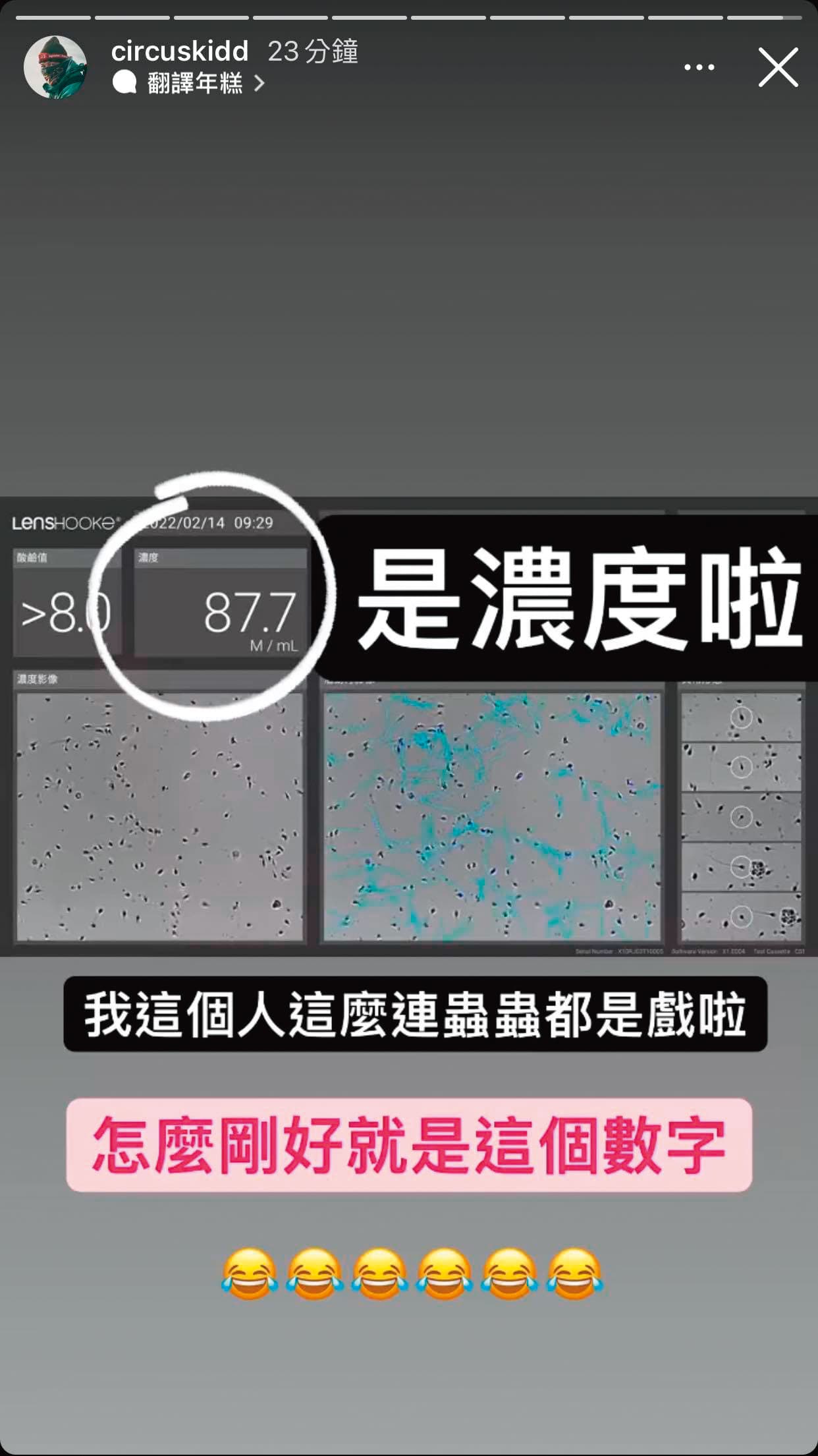 KID在社群分享2月14日情人節檢測精蟲濃度為87.7。（翻攝自KID IG）