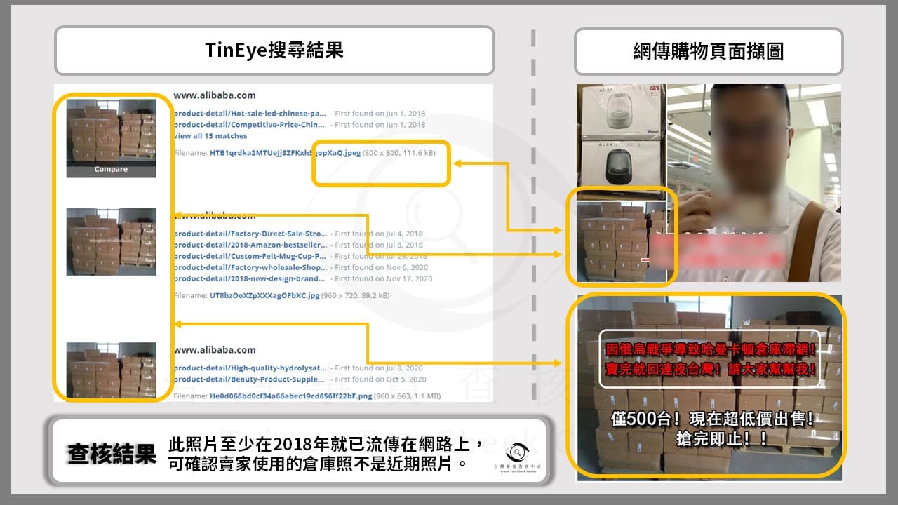 事實查核中心以圖搜圖，發現該網站的照片都是從其他地方盜來的。（翻攝自事實查核中心）