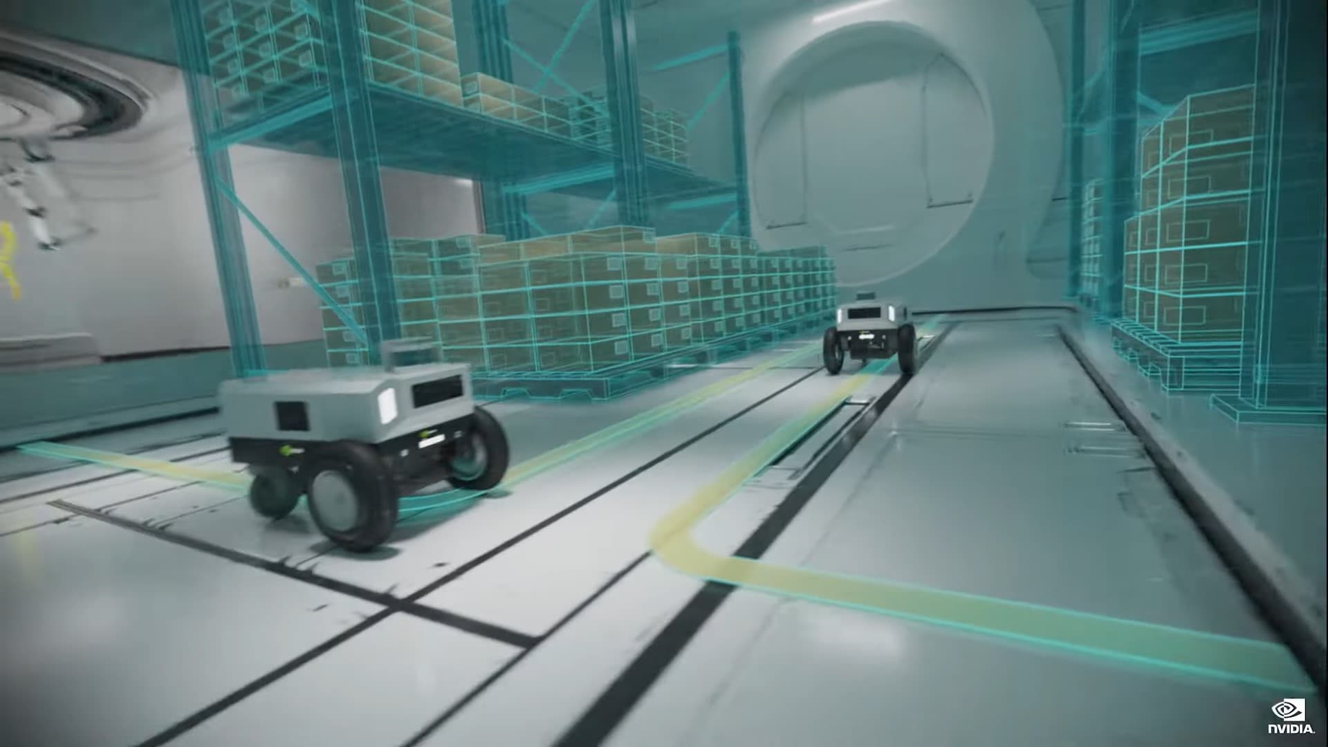 NVIDIA在GTC主題演講的開場，展示無人搬運車運行在虛擬路線的畫面，充滿科技感的視覺效果。（NVIDIA活動截圖）