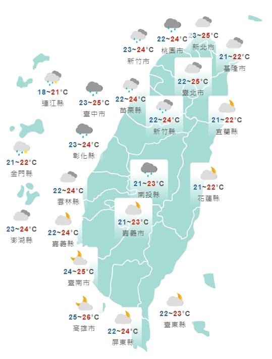 中央氣象局預測全台各地白天天氣狀況。（中央氣象局提供）