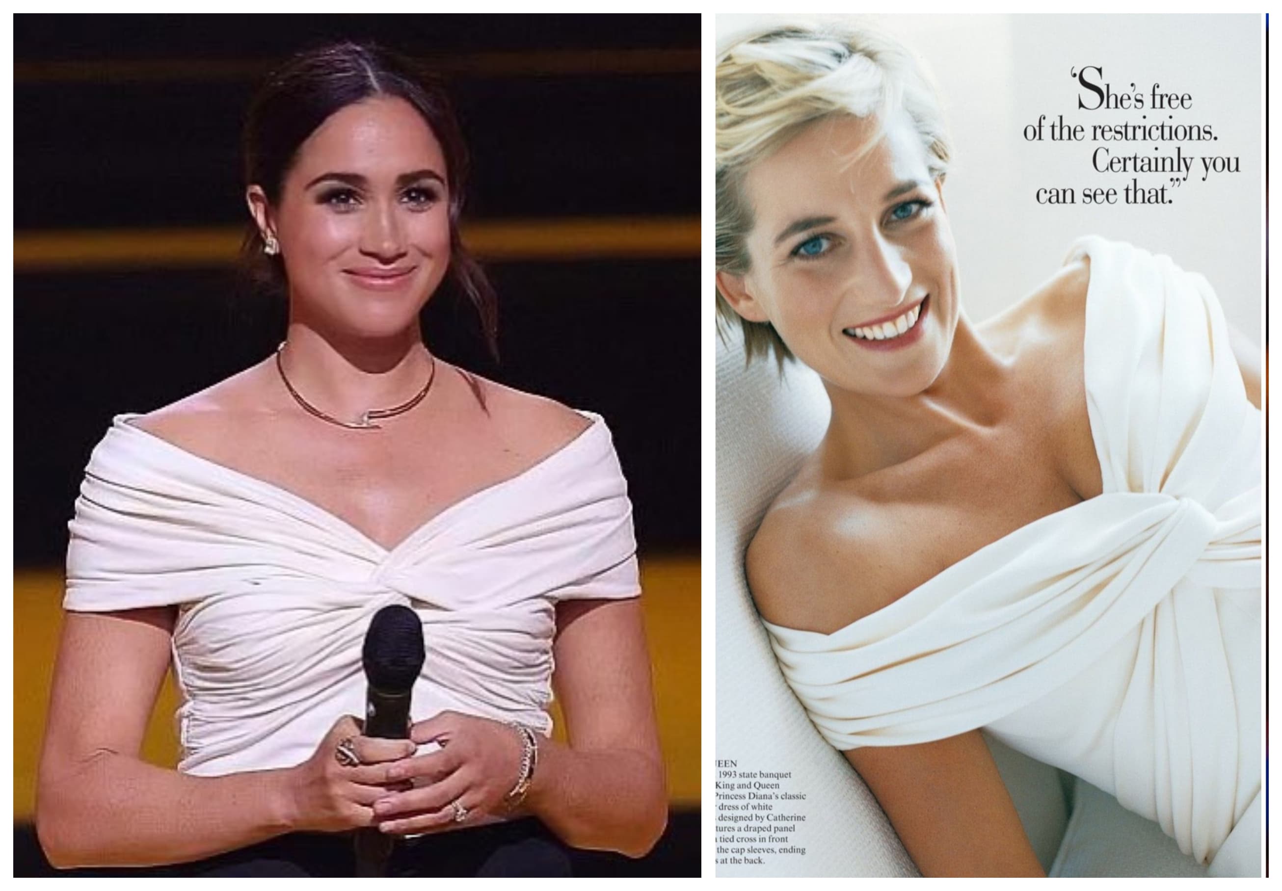 梅根的衣著明顯在和黛妃致敬。（翻攝SussexPrincess推特、網路照片）