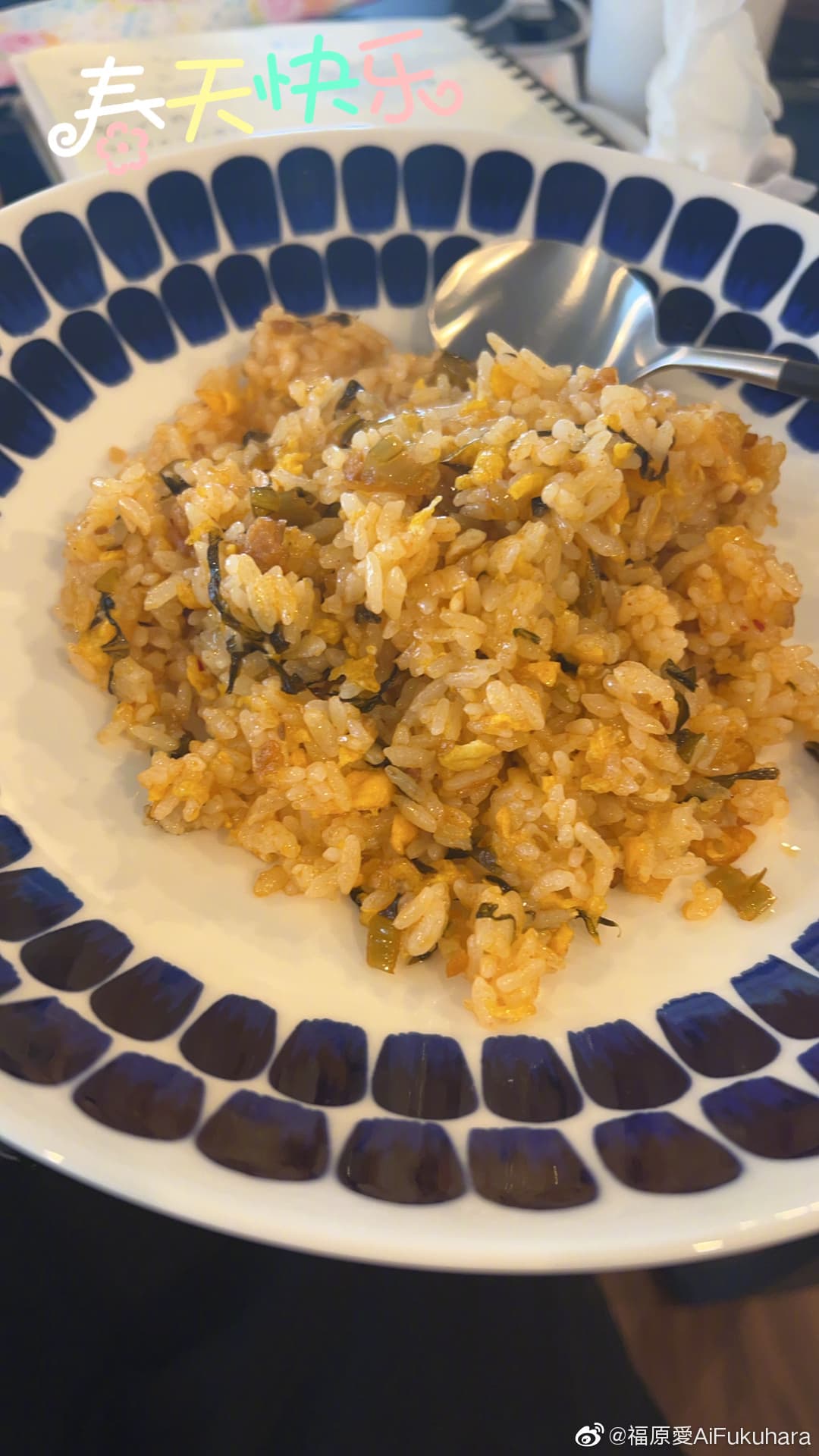 福原愛秀雪菜蛋炒飯，表示工作忙起來，「我就巨愛吃辣的。」（翻攝自福原愛微博）
