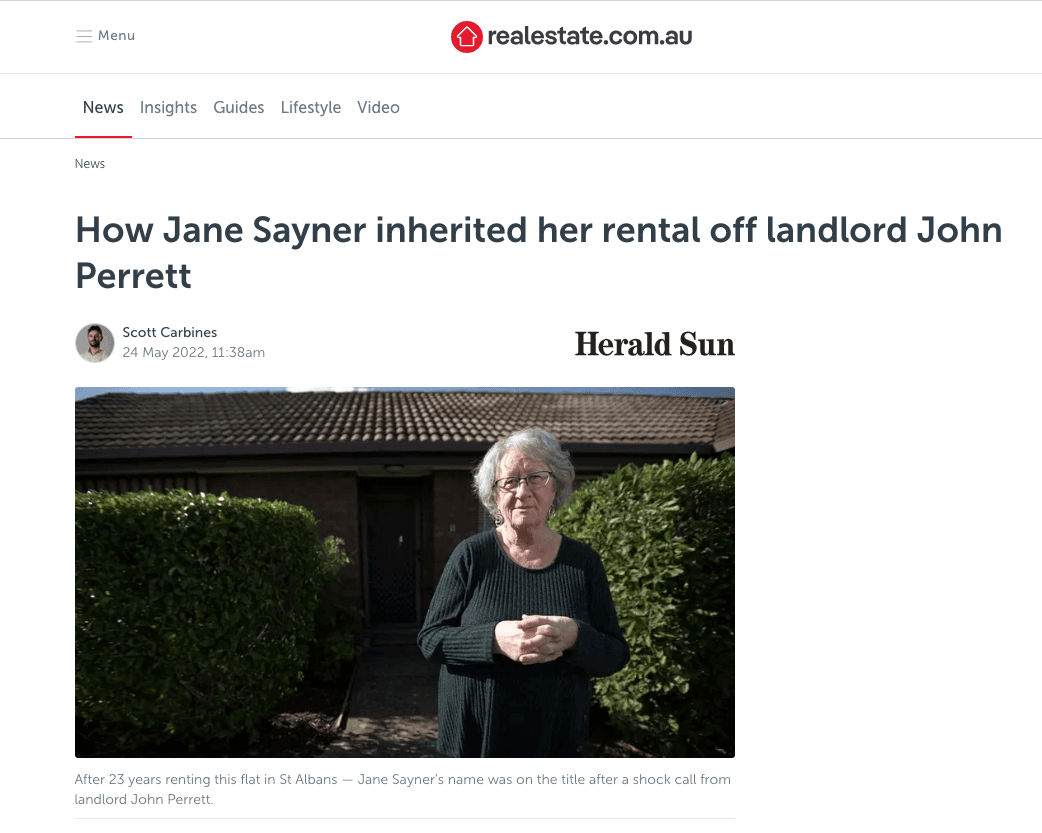 澳洲墨爾本75歲婦人簡賽納（Jane Sayner）收到房東強佩雷特（John Perrett）留給她的房子。（翻攝realestate.com.au）