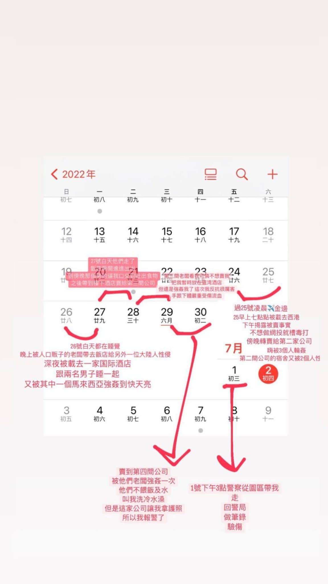 女子受騙被賣去柬埔寨後，詳細記錄血淚過程在行事曆上。（翻攝自爆廢公社）
