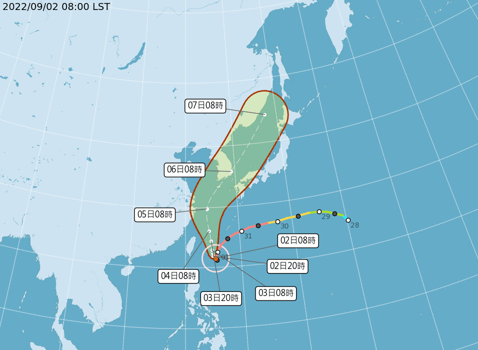 軒嵐諾今早8點的中心位置在北緯21.5度，東經125.4度，即在鵝鑾鼻的東方約470公里之處。（氣象局提供）