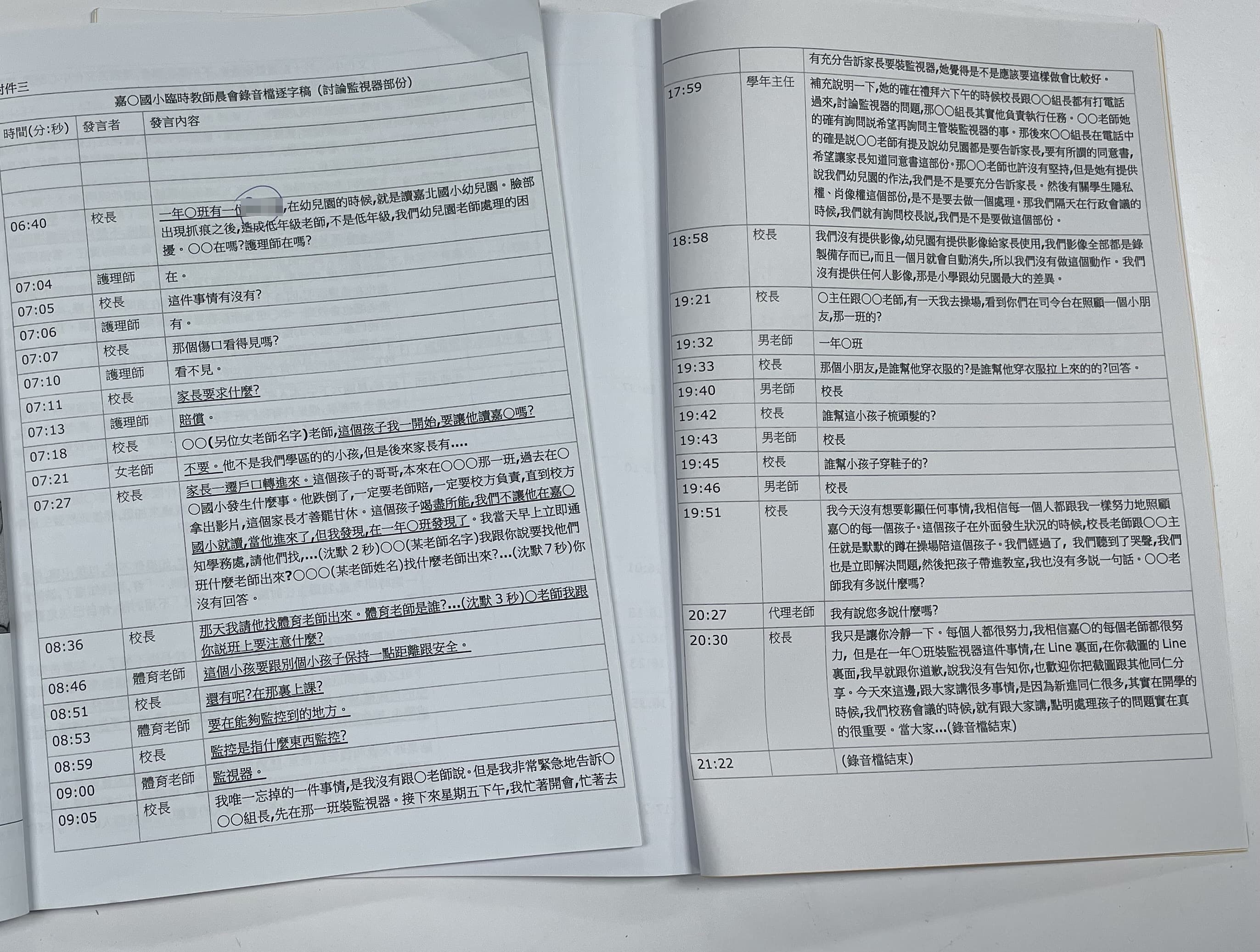 陳老師過世後，家屬認為死者遭霸凌，搜集資料，製作「家屬版的調查報告」，繕打陳老師出席晨會時的關鍵二十分鐘錄音，做成逐字稿。