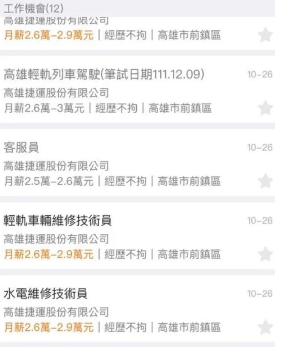 高捷開出的職缺，薪資落在26K至30K之間。（翻攝人力銀行網頁）