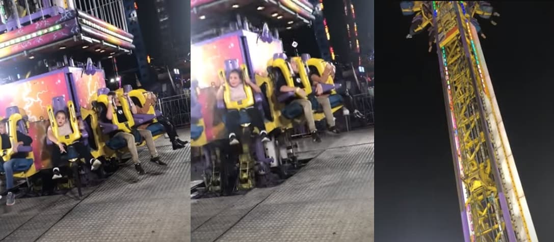 女童察覺工作人員未幫她扣上胯下安全帶，當設施啟動上升時露出驚恐表情。（翻拍YouTube頻道「WKRG」）