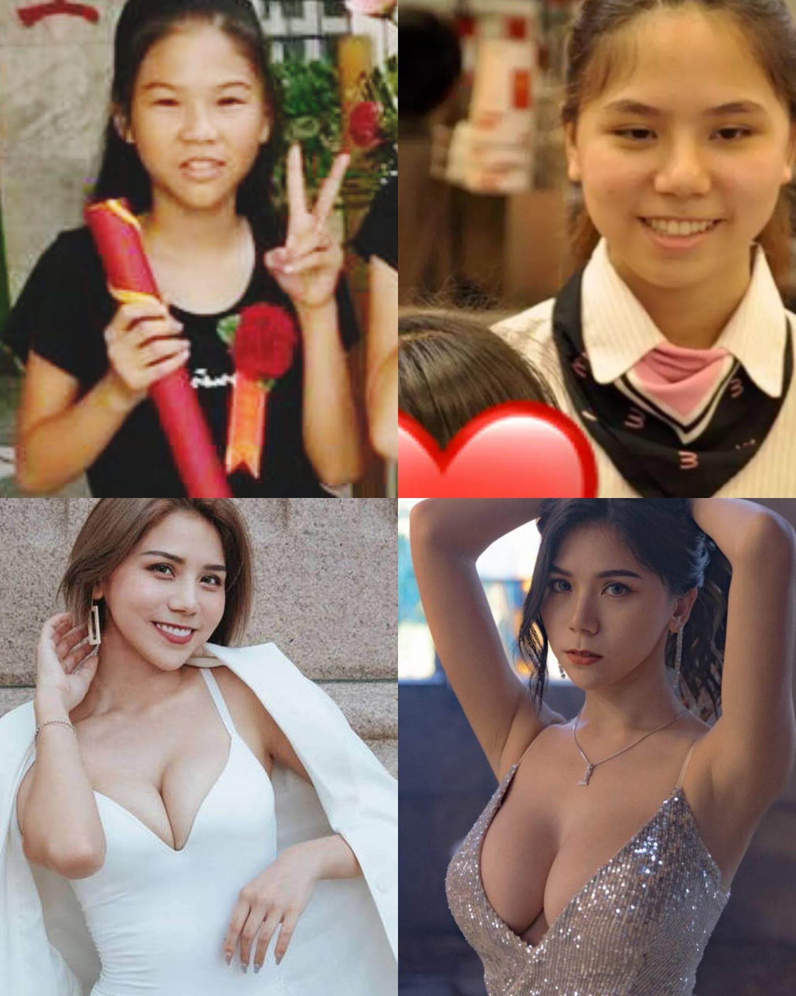 網友自製4格照對比YouTuber蕾菈新舊照,遭本人澄清左上照片不是她。(翻攝社團「爆廢公社」)