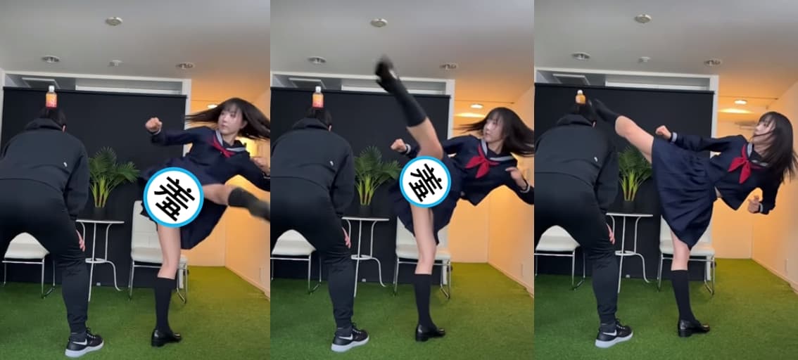 一名穿高校制服正妹使用迴旋踢將另名男子頭上的瓶子踢掉，走光露出令人害羞的「小褲褲」。（翻攝YouTube頻道「링고LYN」）