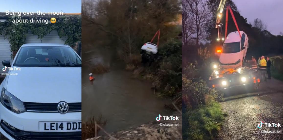 英國少女萊亞原本在網路炫耀買新車，沒想到新車上路一天就衝到湖中便泡水車，最後只能用起重機吊掛起來。（翻攝抖音@leiadarnell）