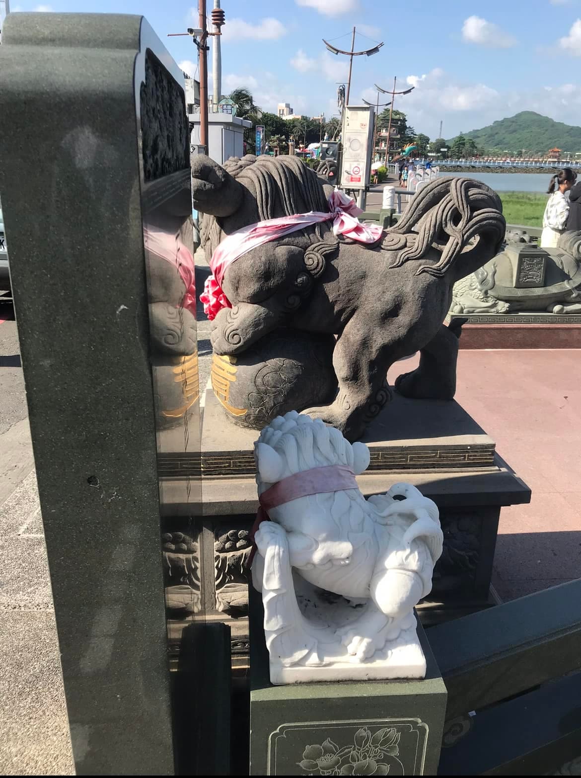 有網友發現蓮池潭的石獅子一黑一白，戲稱「防曬的重要性」。（翻攝自路上觀察學院）