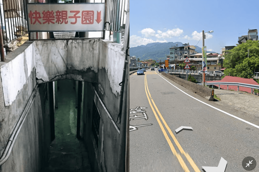 快樂親子園的另一頭照片（左），並且地道走到底會出到河道旁（右圖）。（翻攝自路上觀察學院）