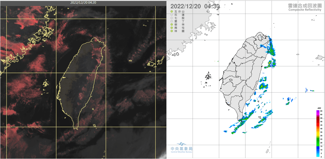 20日4：20真實色雲圖顯示，海面胞狀雲形成的「雲街」已不見蹤跡（左圖）。4：30雷達回波合成圖顯示，台灣東側鄰近海域有弱回波（右圖）。（翻攝自「三立準氣象· 老大洩天機」）