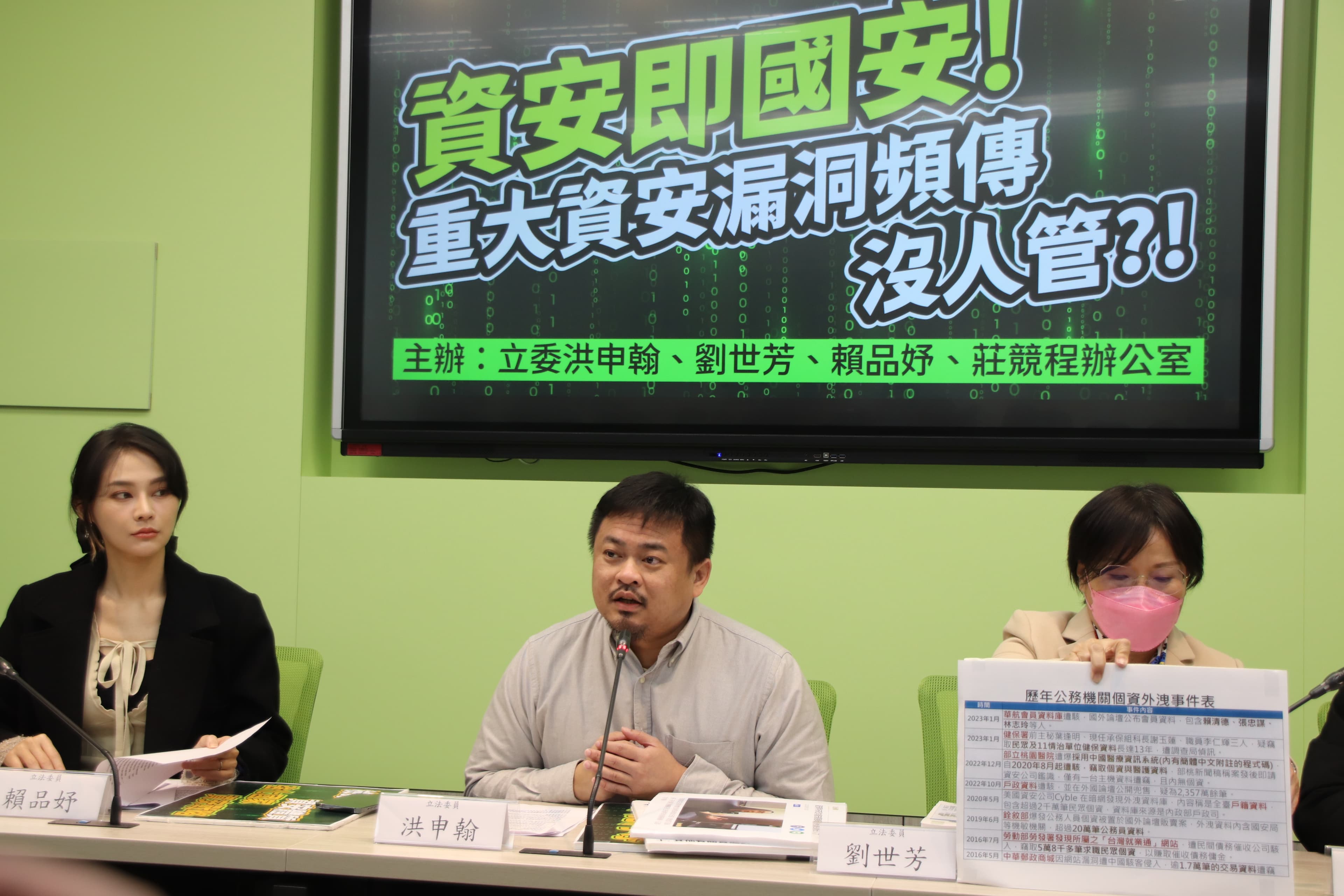 洪申翰不滿表示，行政機關面對層出不窮的重大資安事件，卻遲遲提不出能夠讓人民足夠信任的因應對策，「甚至內控、外控完全失靈！」（洪申翰辦公室提供）