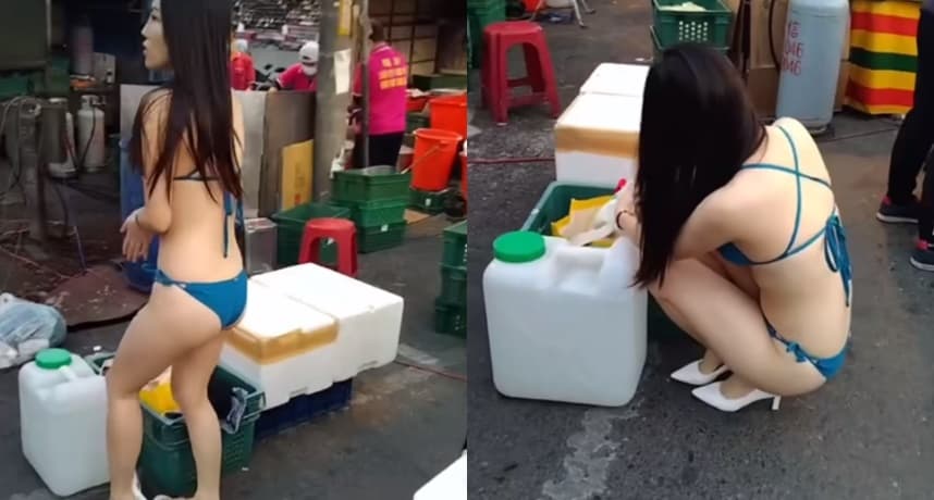 正妹穿比基尼叫賣，和來往身穿大衣的民眾形成強烈的對比。（翻攝自臉書）