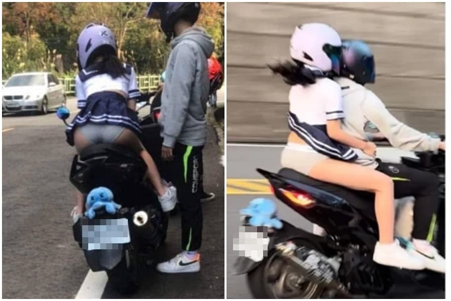 一名騎士身後載著一名穿著水手制服的正妹引發關注。（翻攝自輕檔車俱樂部幹譙版臉書）