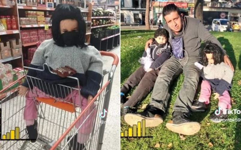 男子將2個小娃娃視作他與娃娃未婚妻生的小孩,還會帶他們外出玩。(翻攝抖音@montbk5959)