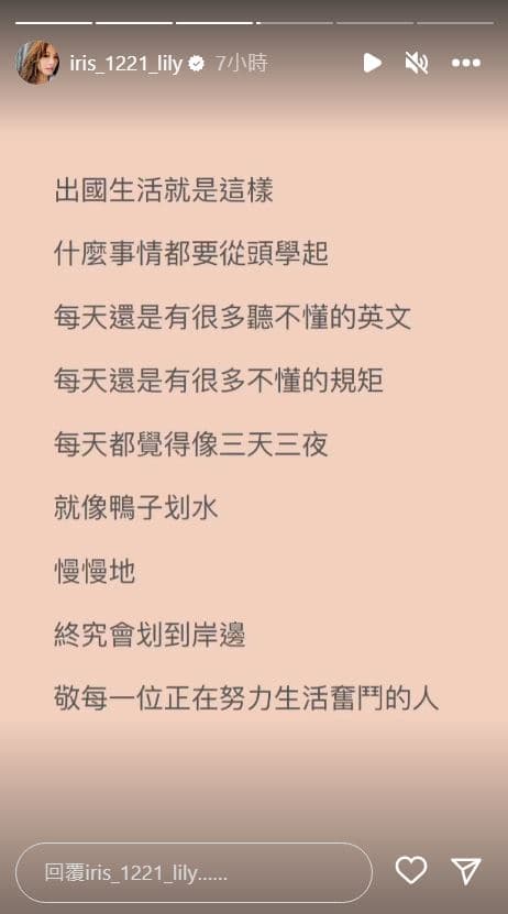 艾莉絲發表出國生活甘苦談。（翻攝愛莉絲IG）