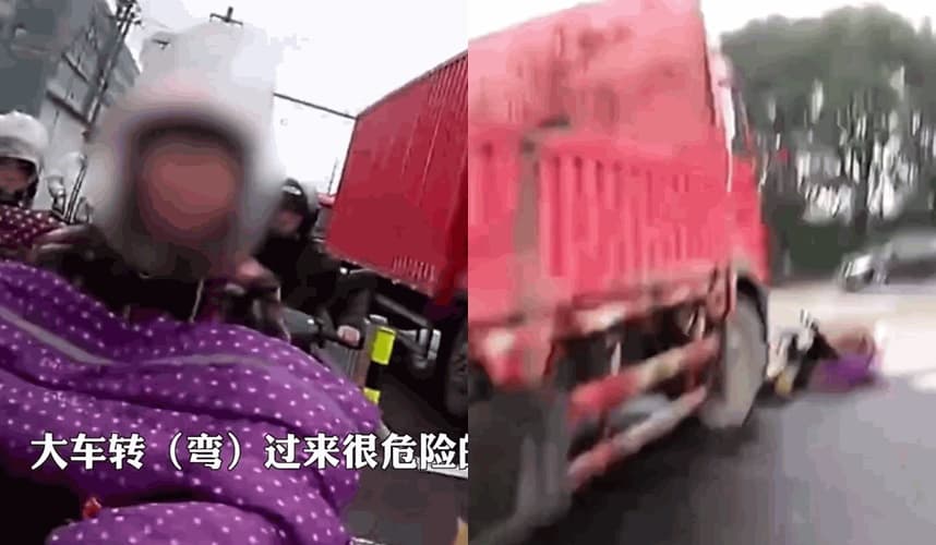 綠燈一亮，勇者大媽立刻騎車衝出遭右轉的大貨車撞上。（翻攝微博）