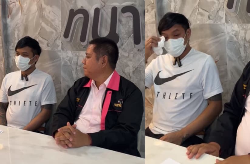 納林偕同律師出席記者會控訴妻子種種不是。（翻攝臉書粉專ทนายคู่ใจ）