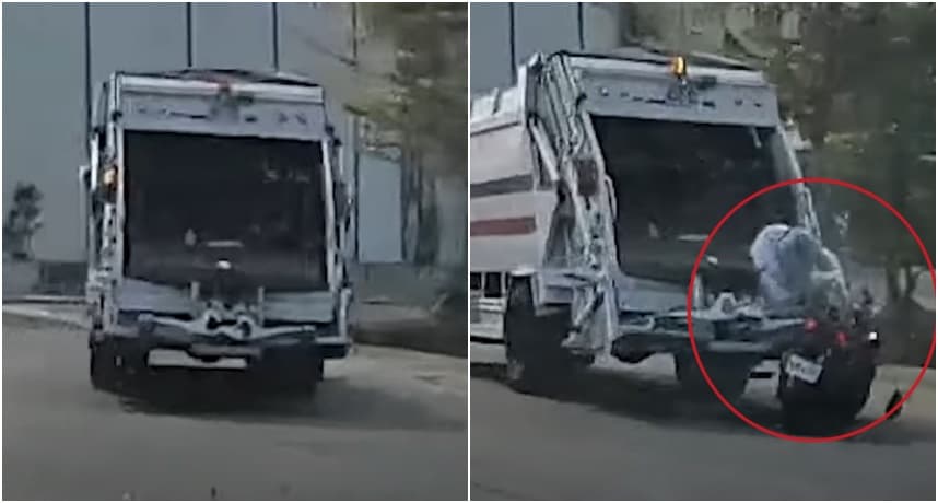 男大生撞上垃圾車，整個人「倒栽蔥」飛進車斗被載走。（翻攝WoWtchout  YT頻道）