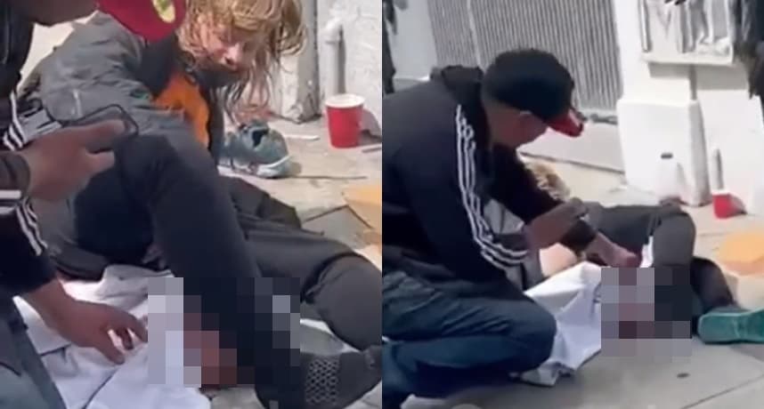 婦女在人行道生下嬰兒隨後被送往醫院，震撼影像瘋傳。（翻攝自推特）