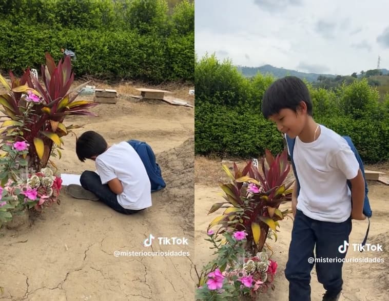 西班牙男童因思念亡母，常放學順道前往母親墓前探視，並寫作業陪伴母親。（翻攝抖音@misteriocuriosidades）