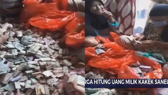 家人得知老人床底下藏了大筆私房錢後一起開心清點成堆鈔票。（翻攝推特@SeputariNews）