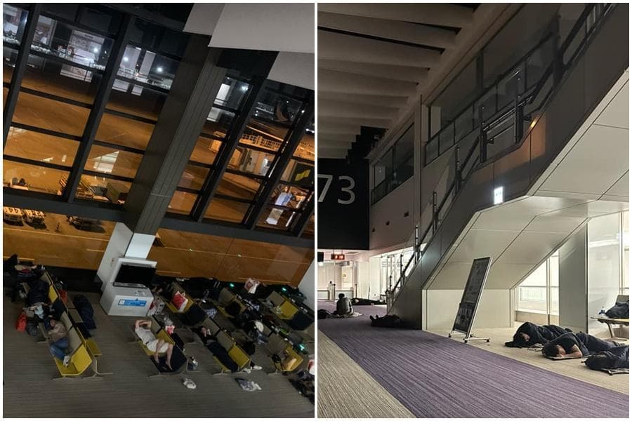 昨日行程受到延誤的旅客只能用睡袋睡在航廈，讓他們大為不滿。（翻攝PTT、爆怨公社）