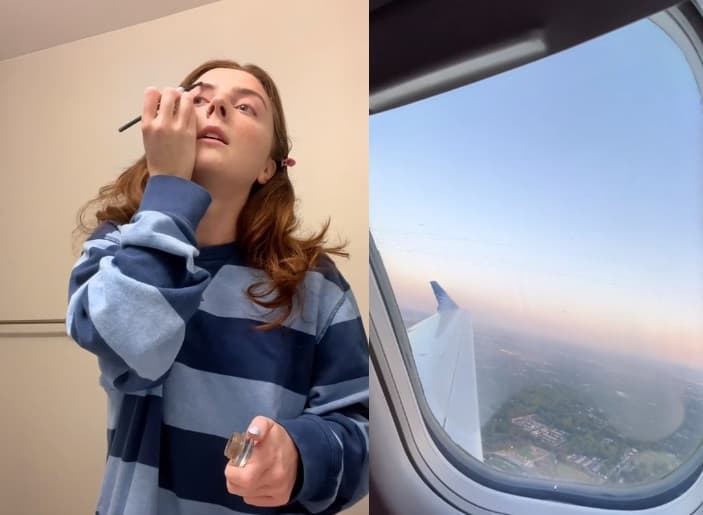 索菲亞為了省錢，選擇凌晨3點起床化妝，搭飛機通勤上班。（翻攝抖音@sophiacelentano48）
