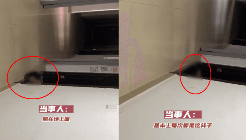 一名中年大叔裸身躺在地上，從家門口只露出一顆頭偷窺鄰居。（翻攝微博）