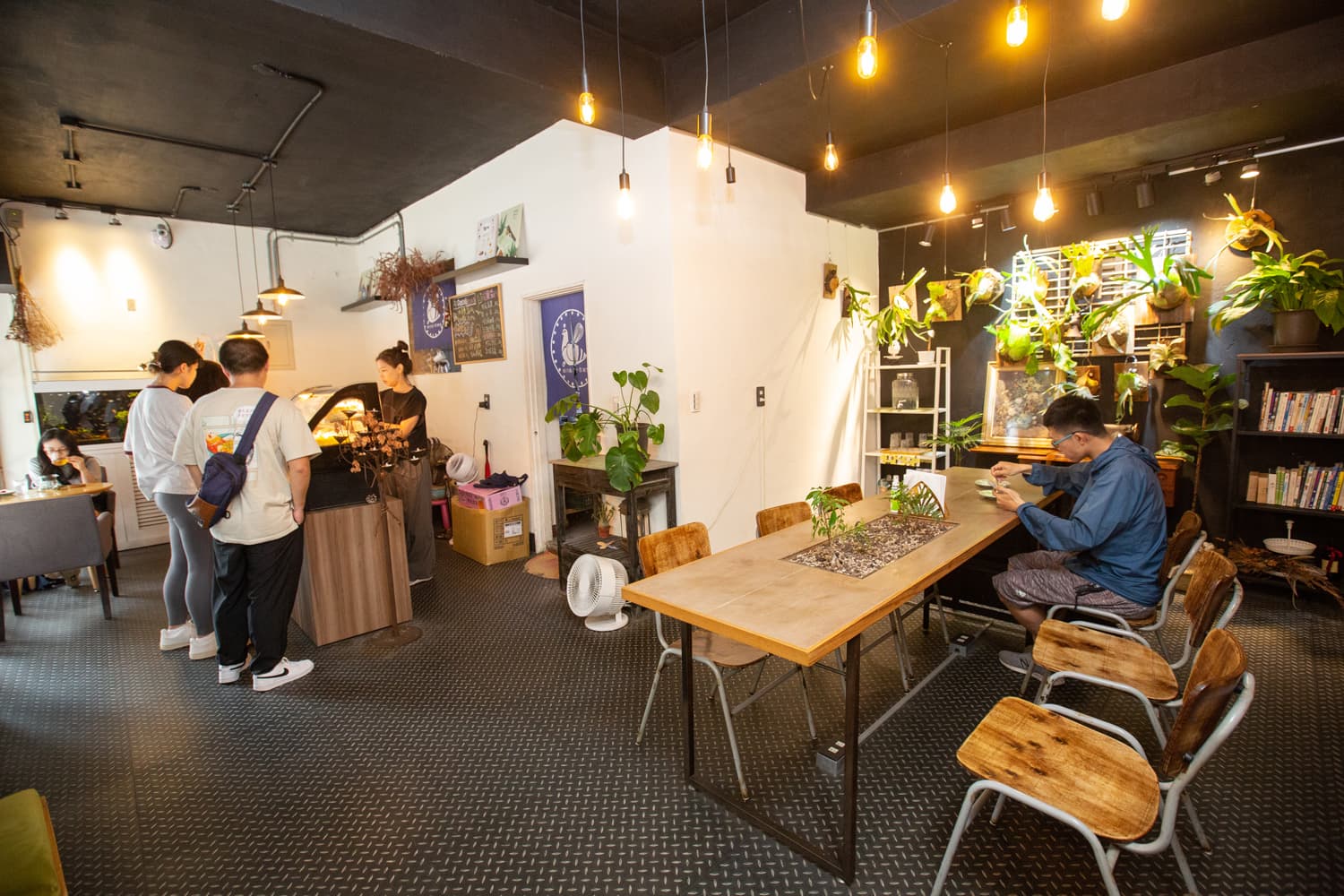 「給冷鴿手作甜點」位在南港展覽館附近，店內裝潢簡單，除了生機盎然的植栽牆與書櫃，沒有過度複雜的裝飾。
