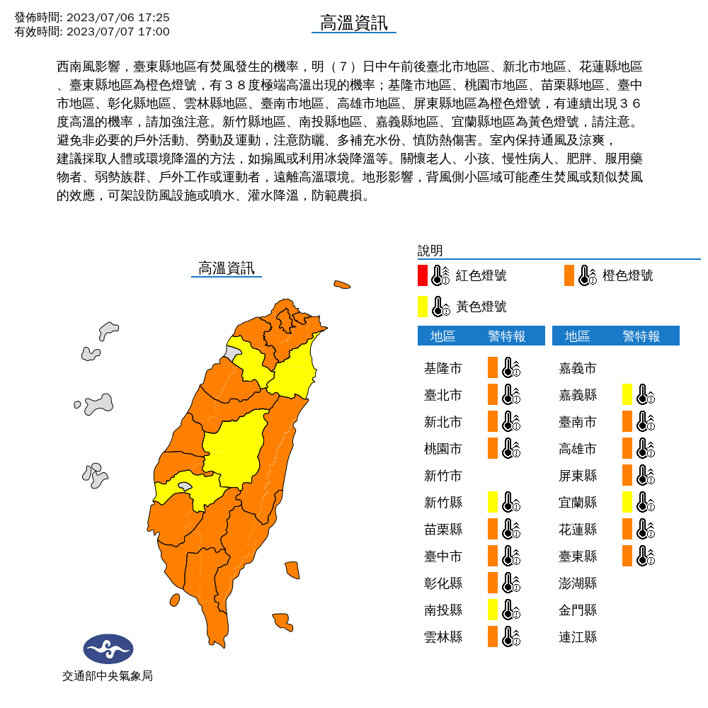 氣象局對17縣市發布高溫特報。（翻攝自氣象局）
