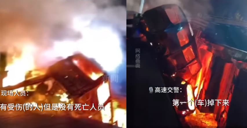 兩輛車剛好行經斷橋，跌落斷橋自燃。（翻攝微博）