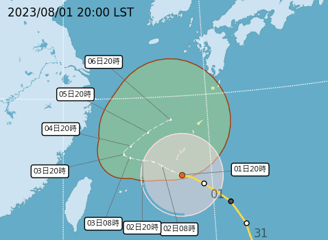 中央氣象局說明中度颱風卡努路徑。（中央氣象局提供）