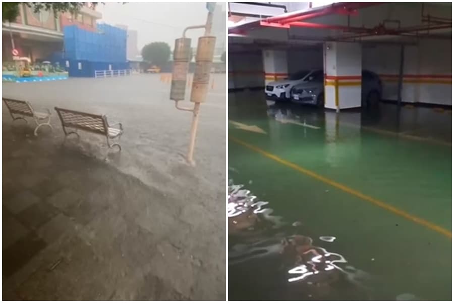 鶯歌火車站前的淹水伴隨強風颳起小浪，北大社區地下停車場淹水。（翻攝自卓冠廷臉書）
