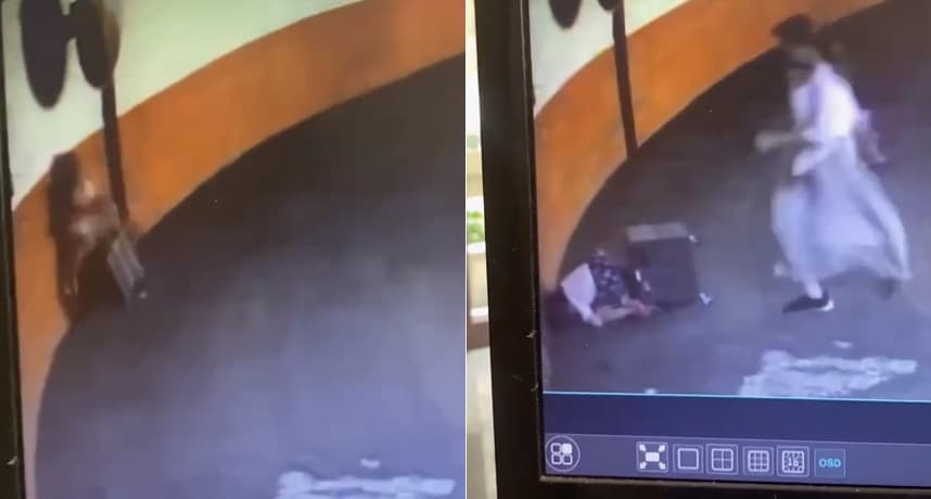 收納車沿著斜坡高速下滑,2娃高速撞壁,媽媽趕緊上前攙扶。(圖:取自爆廢公社)