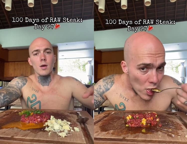 保利在鏡頭前示範吃生牛肉,但相關衛生單位都提醒生食有食物中毒的風險。(翻攝抖音@Paulylong)
