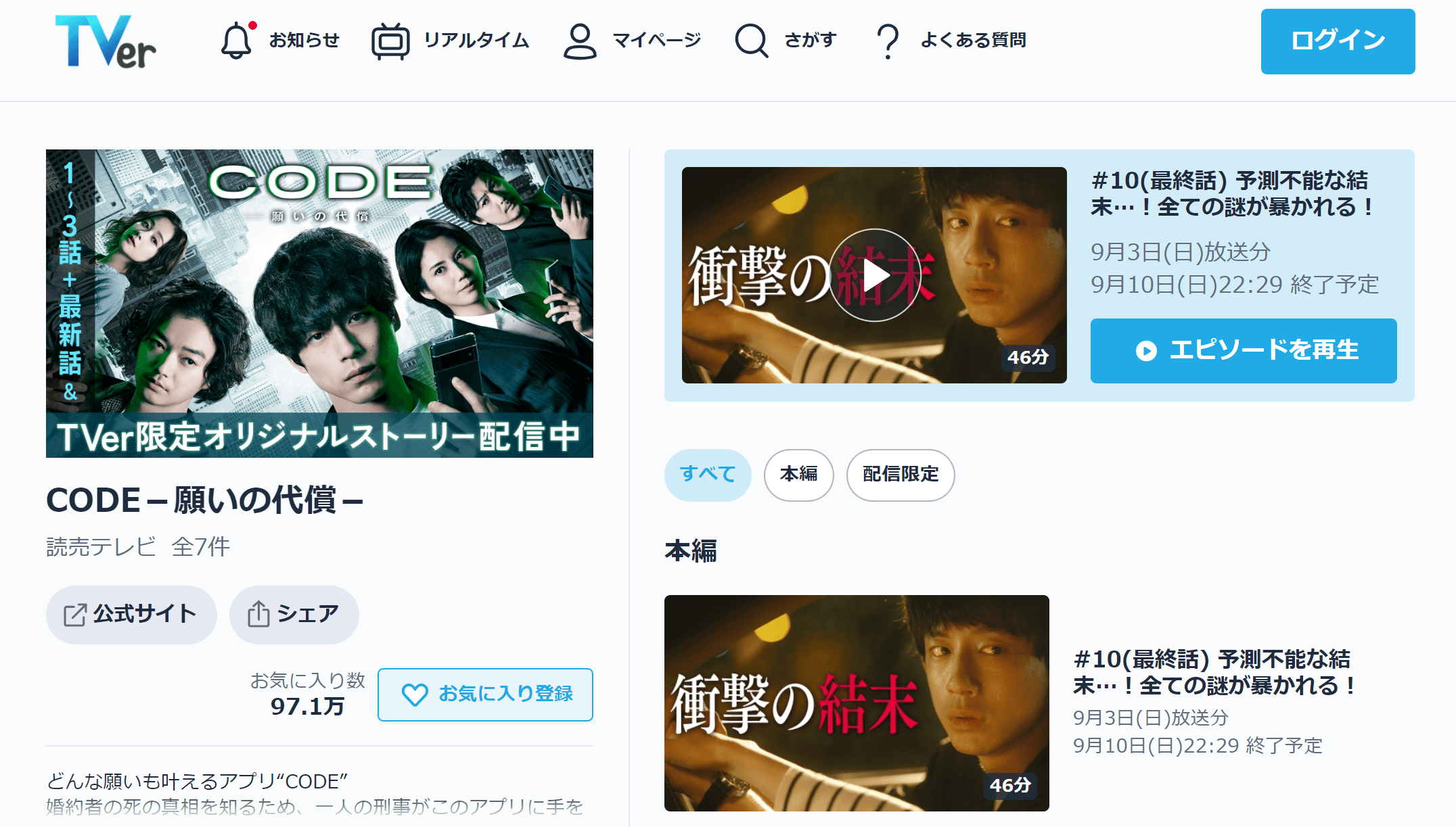 日劇《CODE－願望的代價》在串流TVer上吸引超過97萬人次網友加入我的最愛，也創下超過2,000萬次的播放次數。（翻攝自TVer官網畫面）