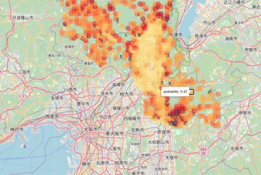 地圖由淺到深標示出各地區可能遭遇熊的機率。（翻攝自クマ遭遇AI予測マップ）