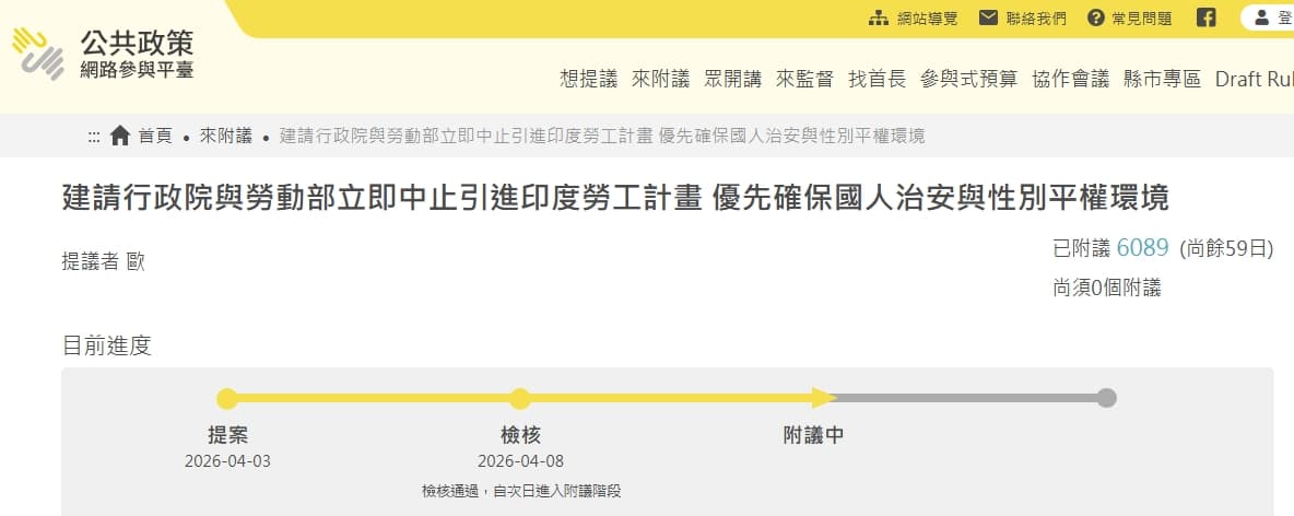 針對勞動部長洪申翰9日宣布台灣與印度合作引進移工，民眾在公共政策網路參與平台發起「立即中止」，單日破門檻。（翻攝自「公共政策網路參與平台」）