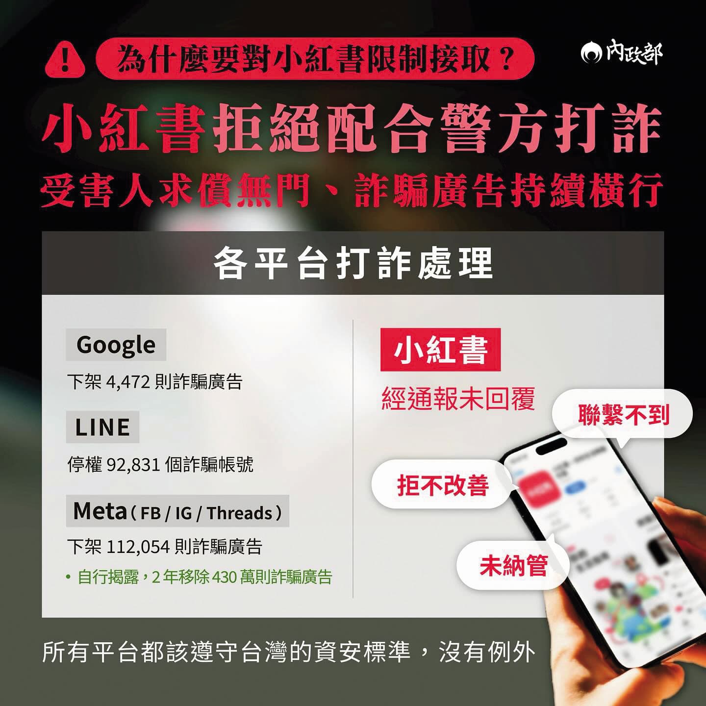 內政部宣布小紅書禁令隔天，綠委在群組抱怨圖卡（圖）給得太慢。（翻攝內政部臉書）